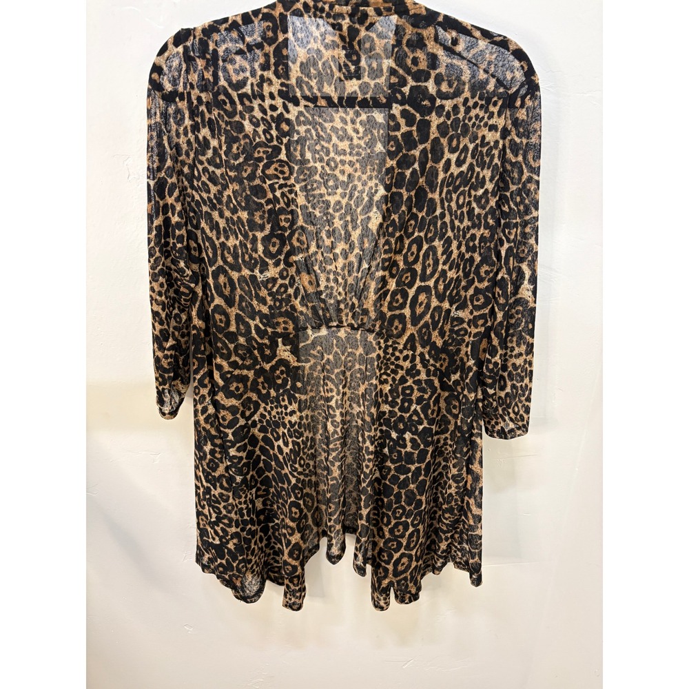 Ali Miles Womens Large Leopard Print Open Front Mesh Cardigan 3/4 Sleeve Brown